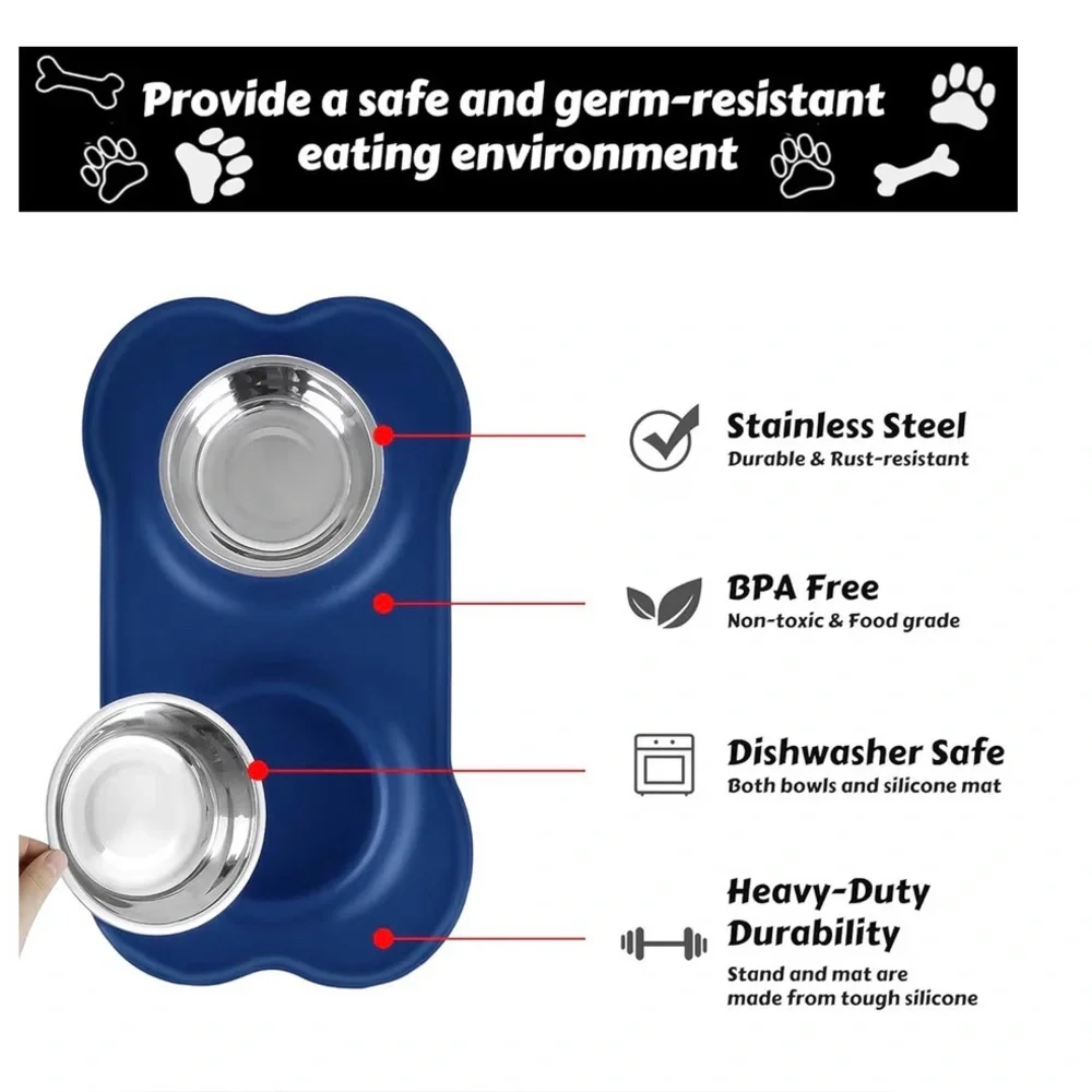 ASFROST Dog Food and Water Bowl Set in Blue - Size SMALL